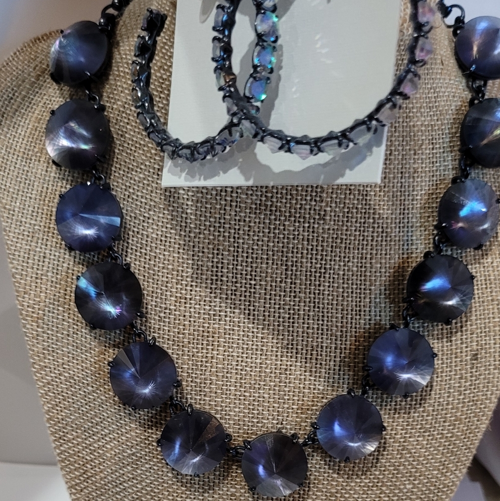 NWT Kendra Scott Statement Necklace and Hoop Earrings Bundle Navy Gunmetal